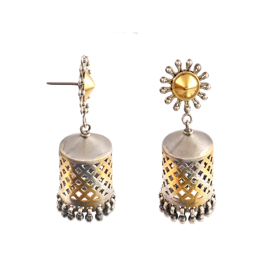 Dual Tone Silver Sun-Floral Stud Jhumki