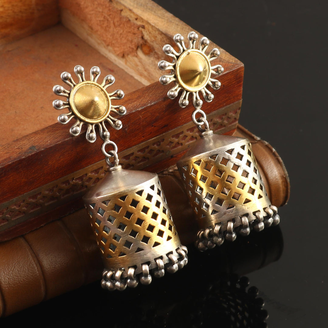 Dual Tone Silver Sun-Floral Stud Jhumki