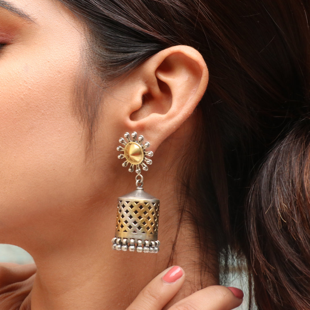 Dual Tone Silver Sun-Floral Stud Jhumki