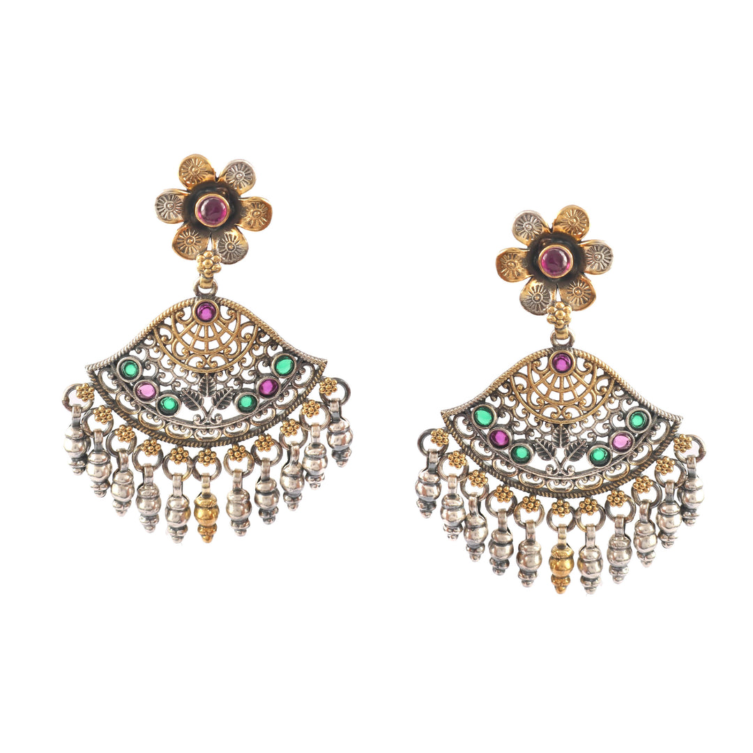 Dual Tone Silver Floral Stud Earrings