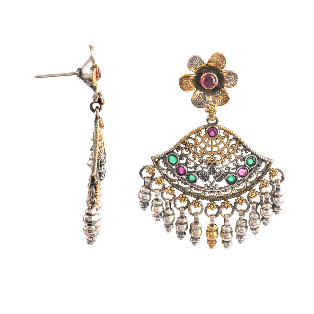 Dual Tone Silver Floral Stud Earrings
