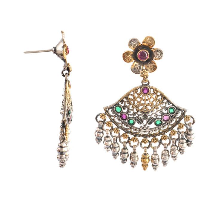 Dual Tone Silver Floral Stud Earrings