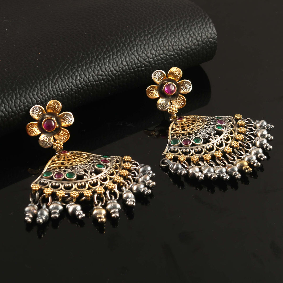 Dual Tone Silver Floral Stud Earrings