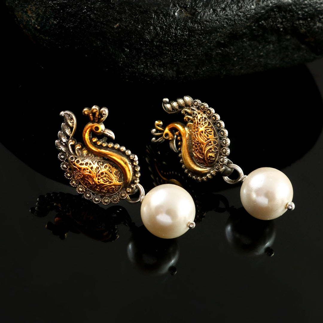Peacock Gold Plated Silver, Pearl Ear Studs