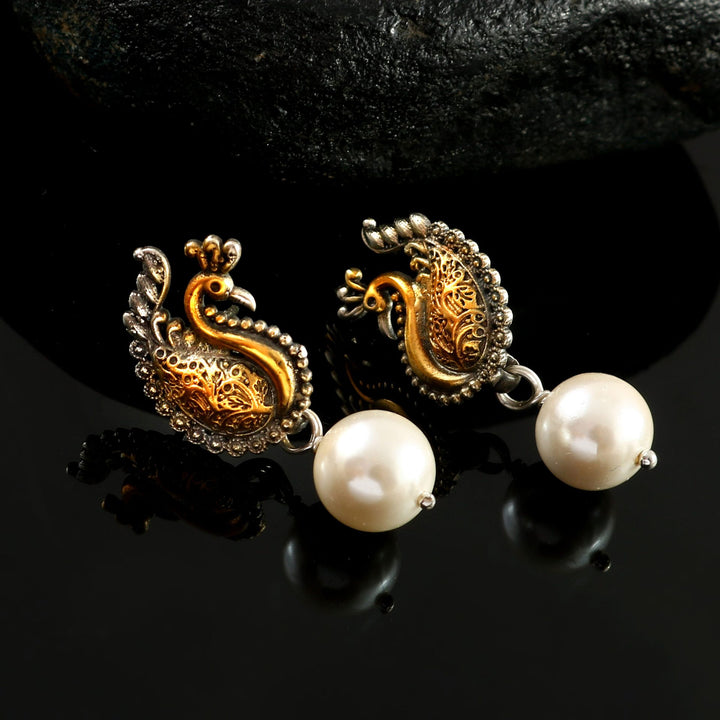 Peacock Gold Plated Silver, Pearl Ear Studs