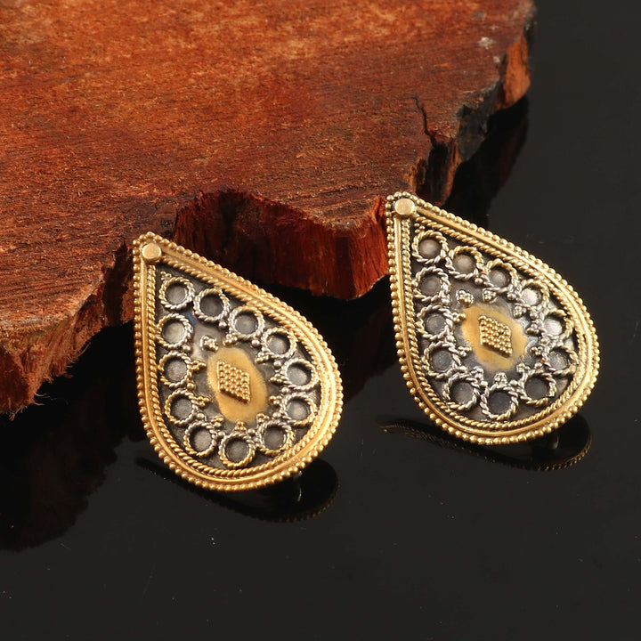 Dual Tone Silver Tear-Drop Ear Studs