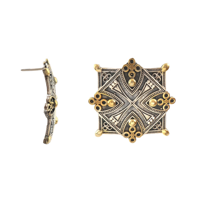 Silver Dual Tone & Floral Oxidized Stud Earrings