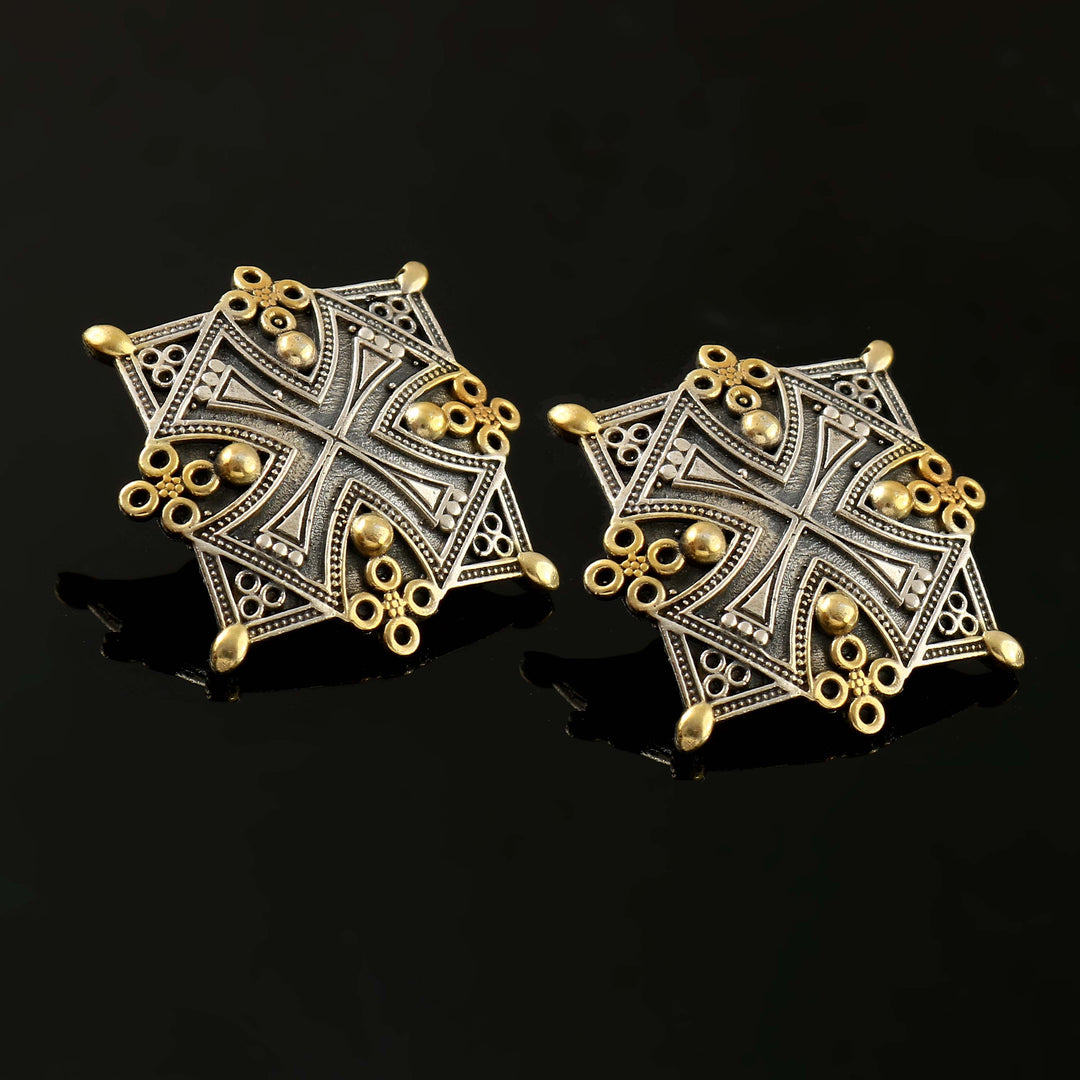 Silver Dual Tone & Floral Oxidized Stud Earrings