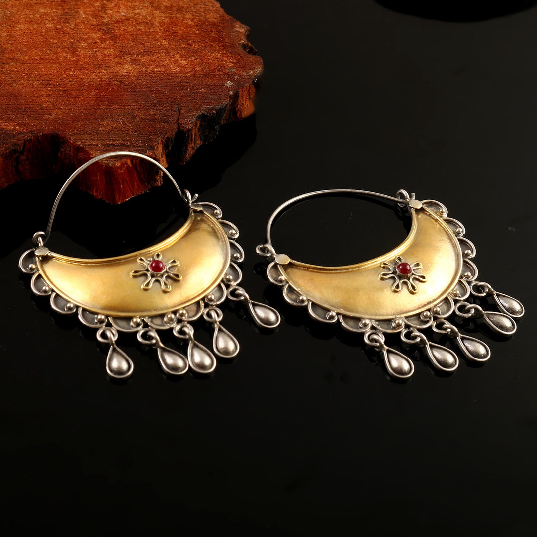 Dual Tone Silver Chand-Bali Ear Studs