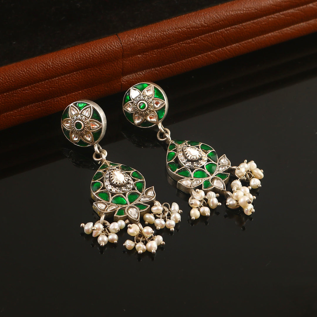 Silver Teardrop Design Kundan Stud Earrings