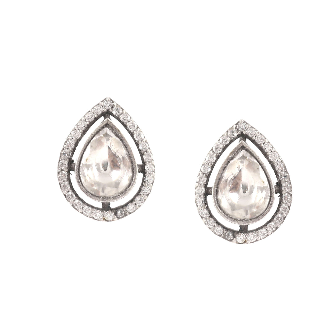Adorable Silver Kundan & AD Tear-Drop Ear Studs