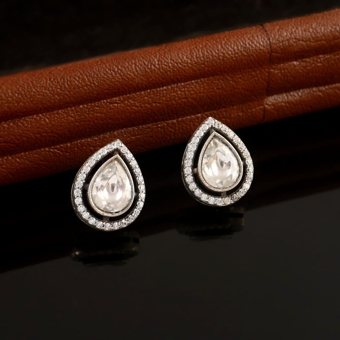 Adorable Silver Kundan & AD Tear-Drop Ear Studs