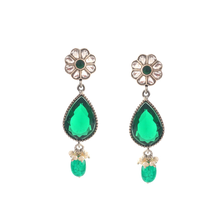 Silver Floral Green & White Stud Earrings