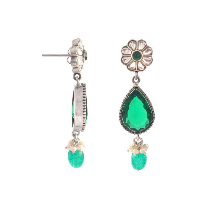 Silver Floral Green & White Stud Earrings