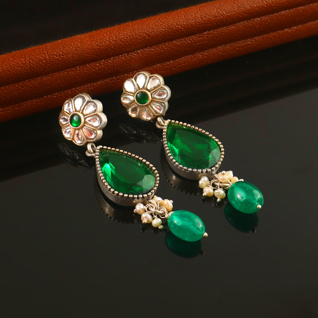 Silver Floral Green & White Stud Earrings