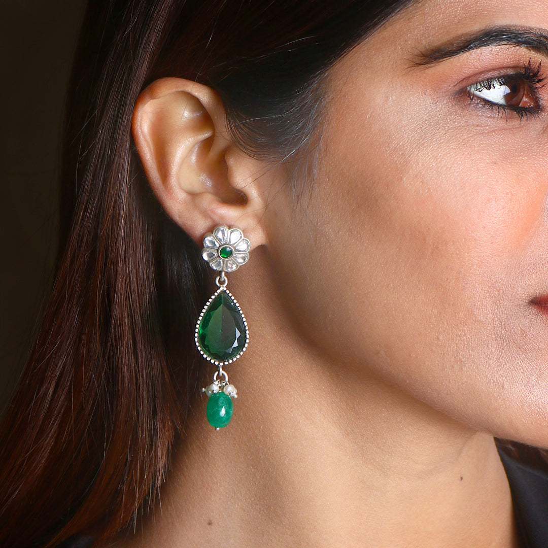 Silver Floral Green & White Stud Earrings