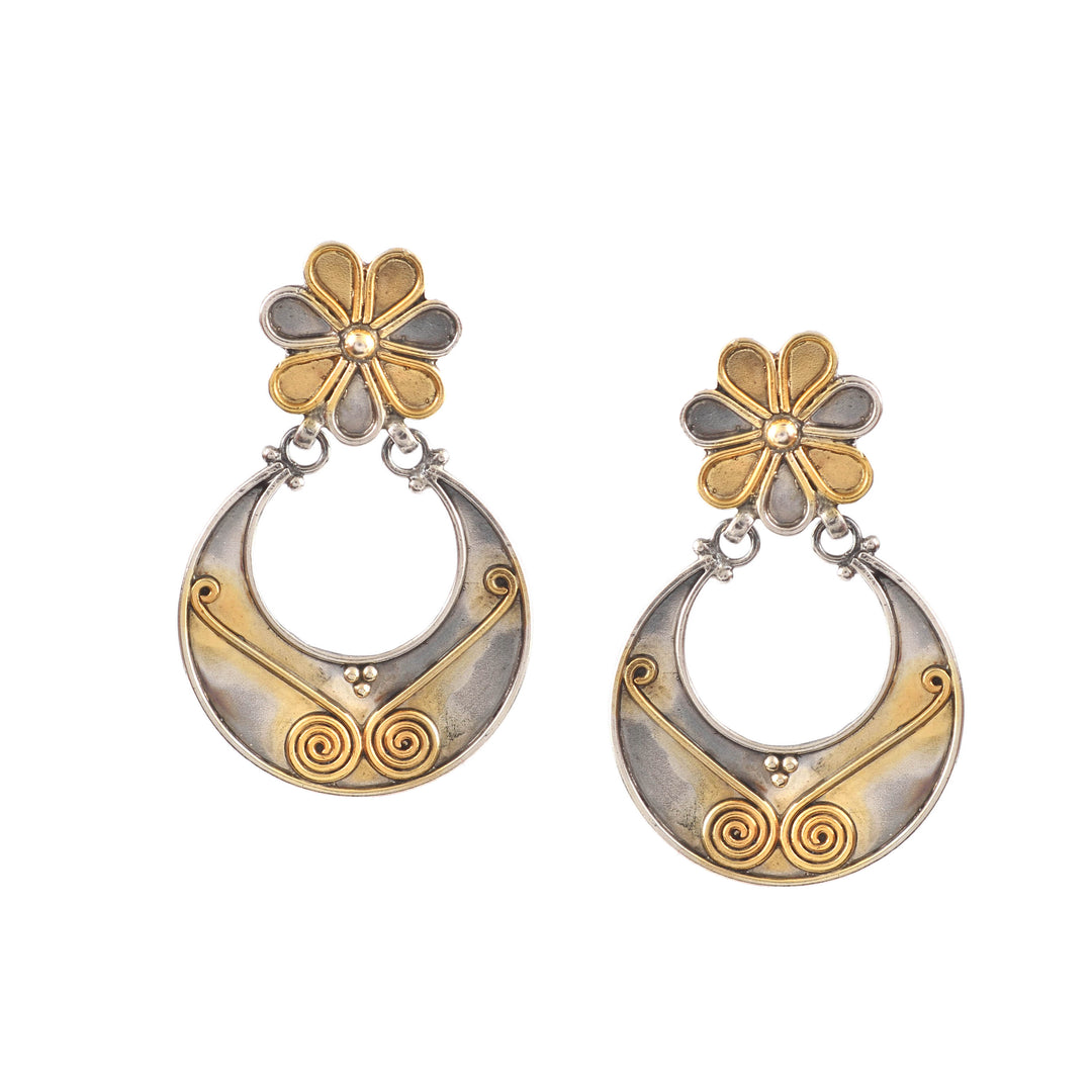 Dual Tone Silver Floral Chand-Bali Stud Earrings
