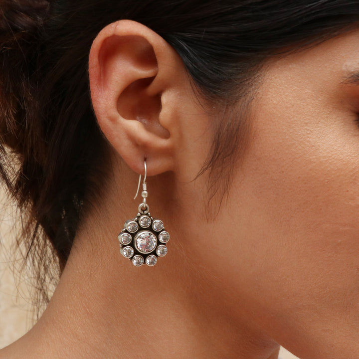 Silver Floral Zircon Ear Hoops