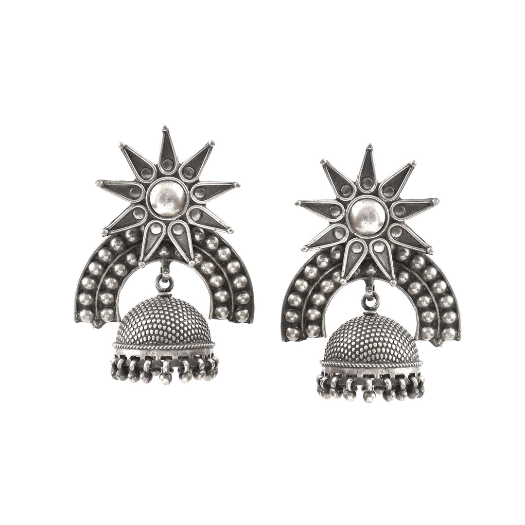 Silver Oxidized Sun-Floral Jhumki Earrings
