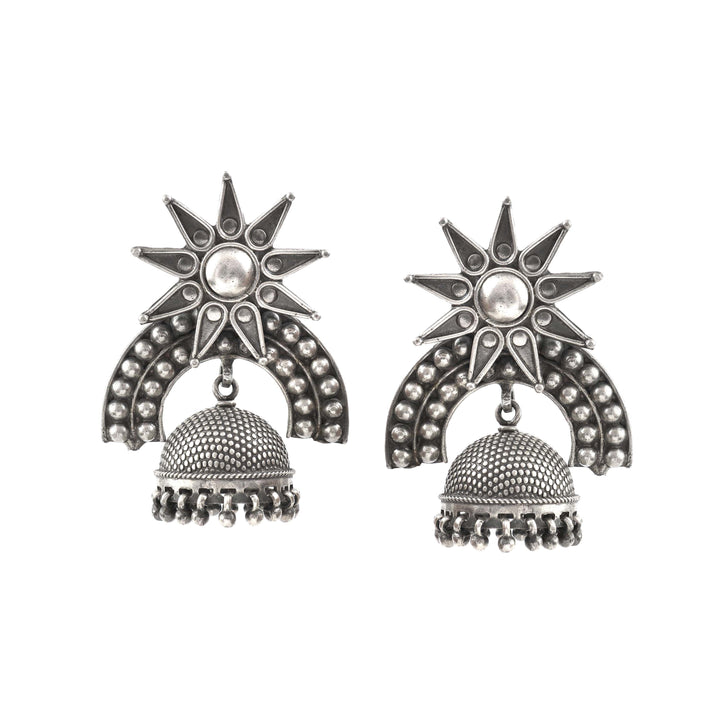 Silver Oxidized Sun-Floral Jhumki Earrings