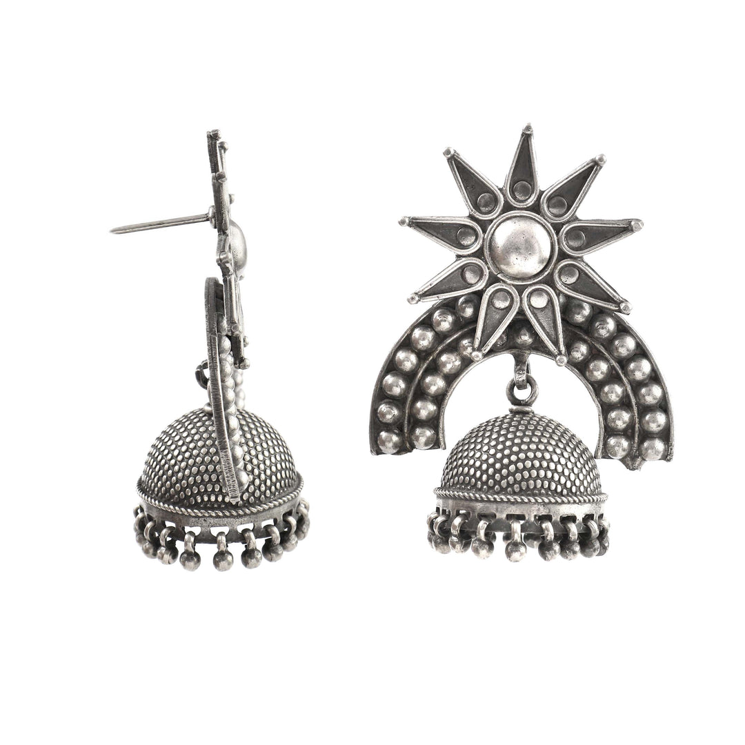 Silver Oxidized Sun-Floral Jhumki Earrings