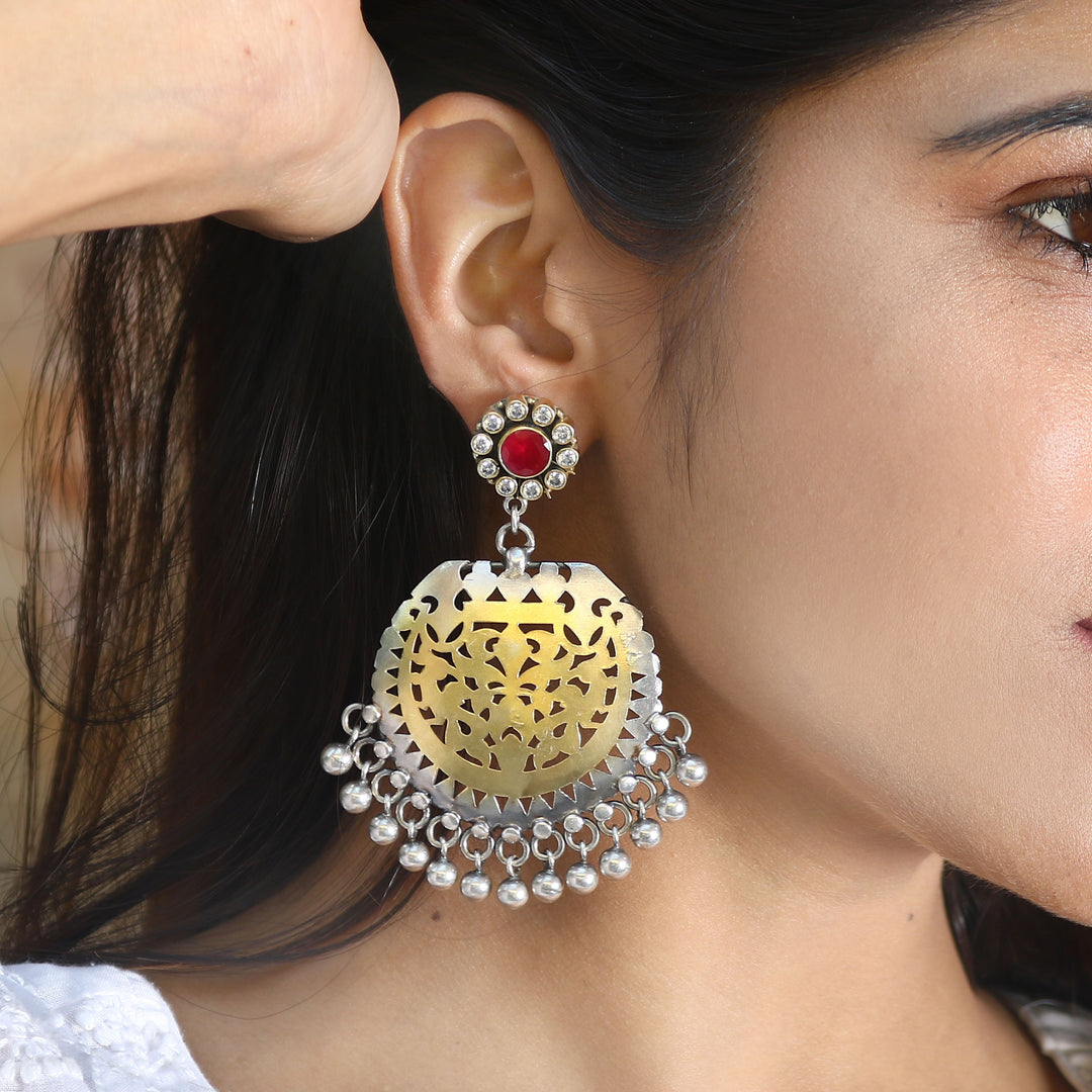 Silver Dual Tone Floral Stud Earrings