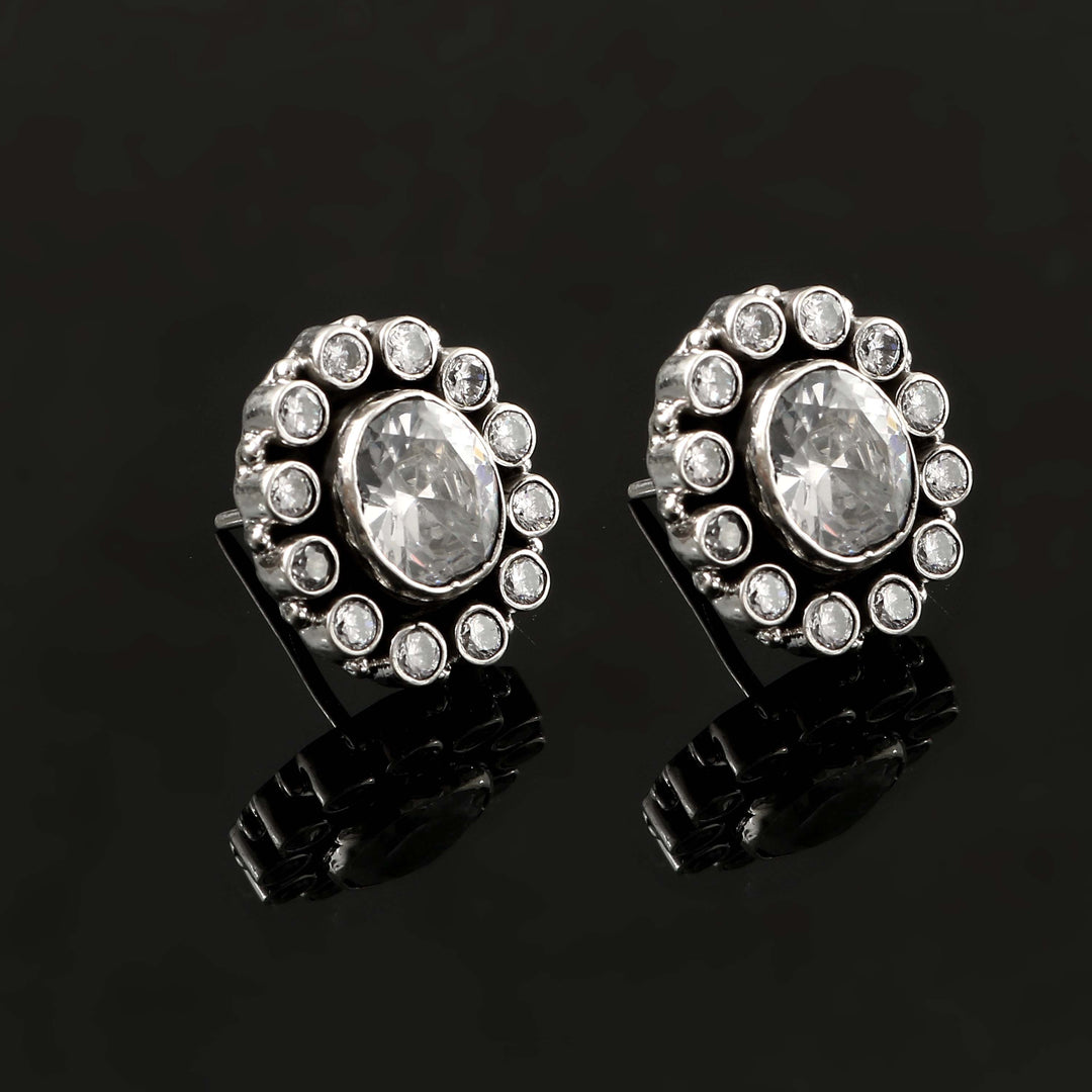 Silver Floral Zircon Stud Earrings