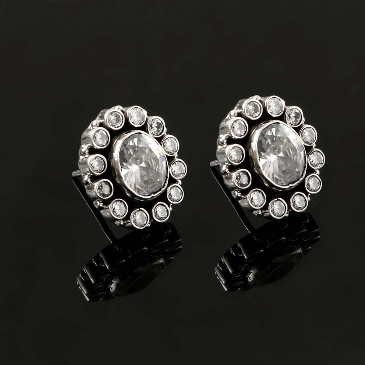 Silver Floral Zircon Stud Earrings