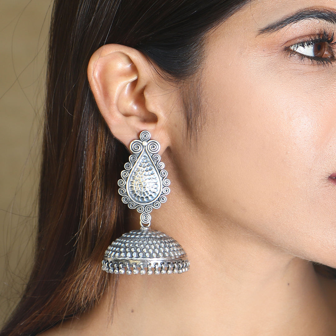 Silver Tear-Drop Oxidized Jhumki Earrings