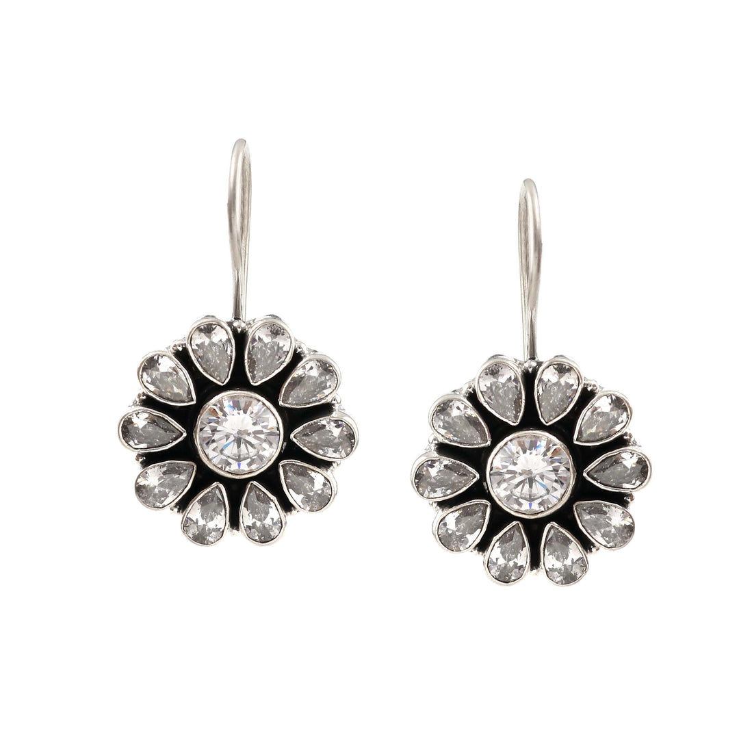 Silver Floral Cut Stone Ear Hoops