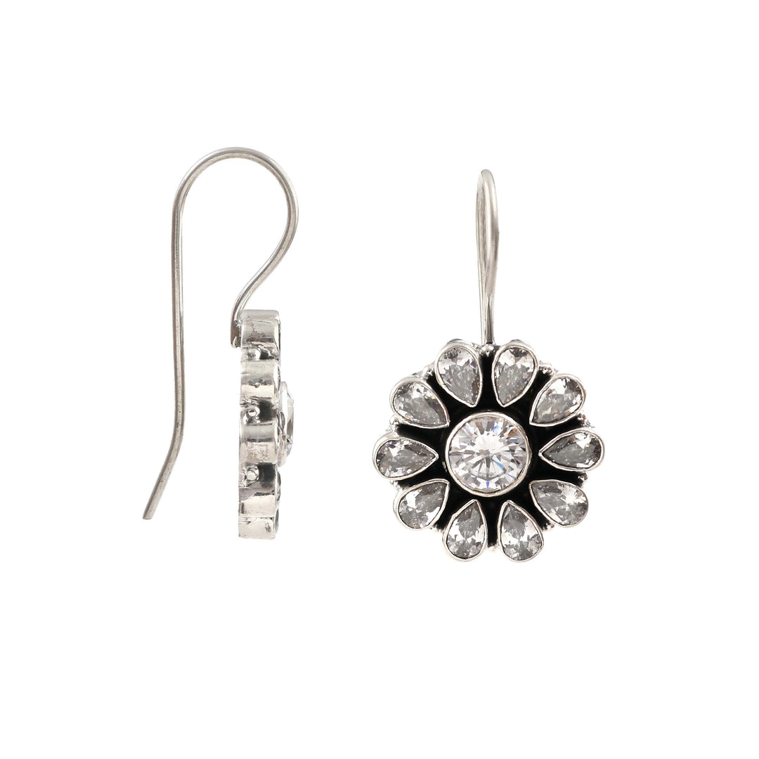 Silver Floral Cut Stone Ear Hoops