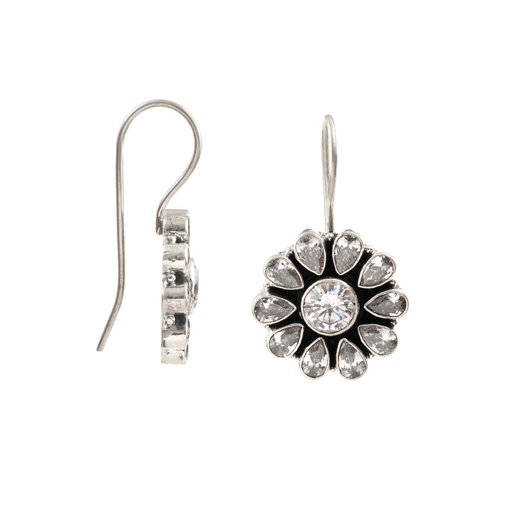 Silver Floral Cut Stone Ear Hoops