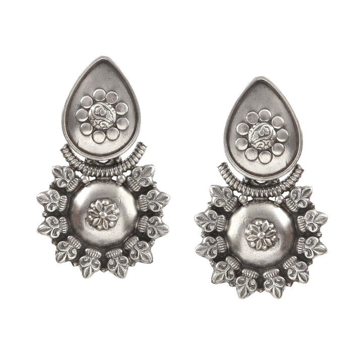 Silver Teardrop & Floral Design Stud Earrings