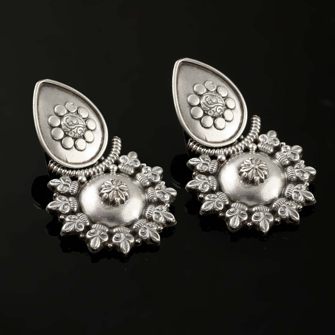 Silver Teardrop & Floral Design Stud Earrings