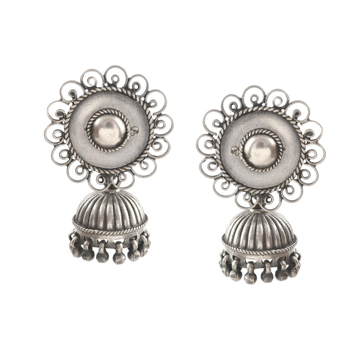 Silver Oxidized Floral Jhumki Earrings