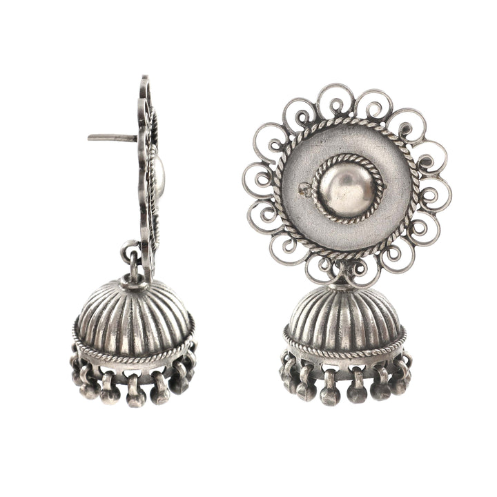 Silver Oxidized Floral Jhumki Earrings