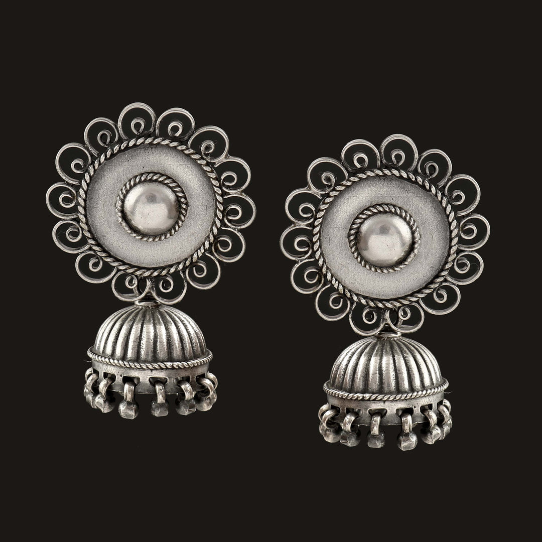 Silver Oxidized Floral Jhumki Earrings