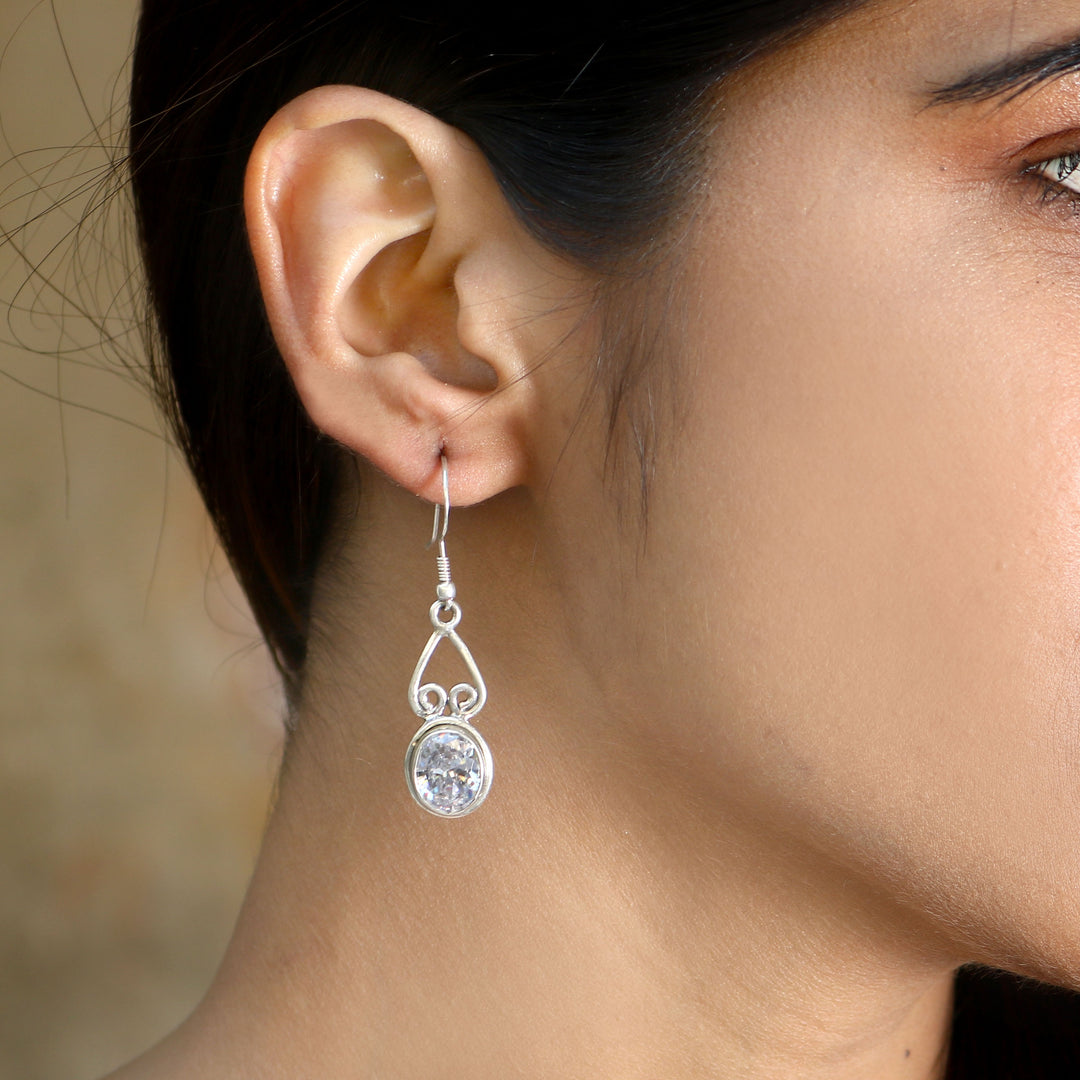 Silver Zircon Stone Ear Hoops