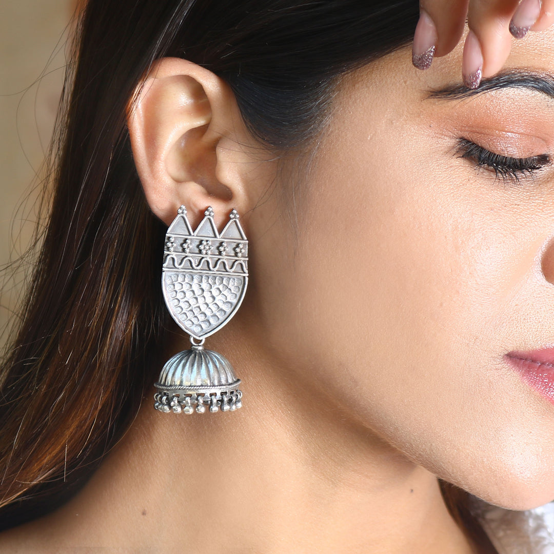 Silver Unique Design Jhumki Stud Earrings
