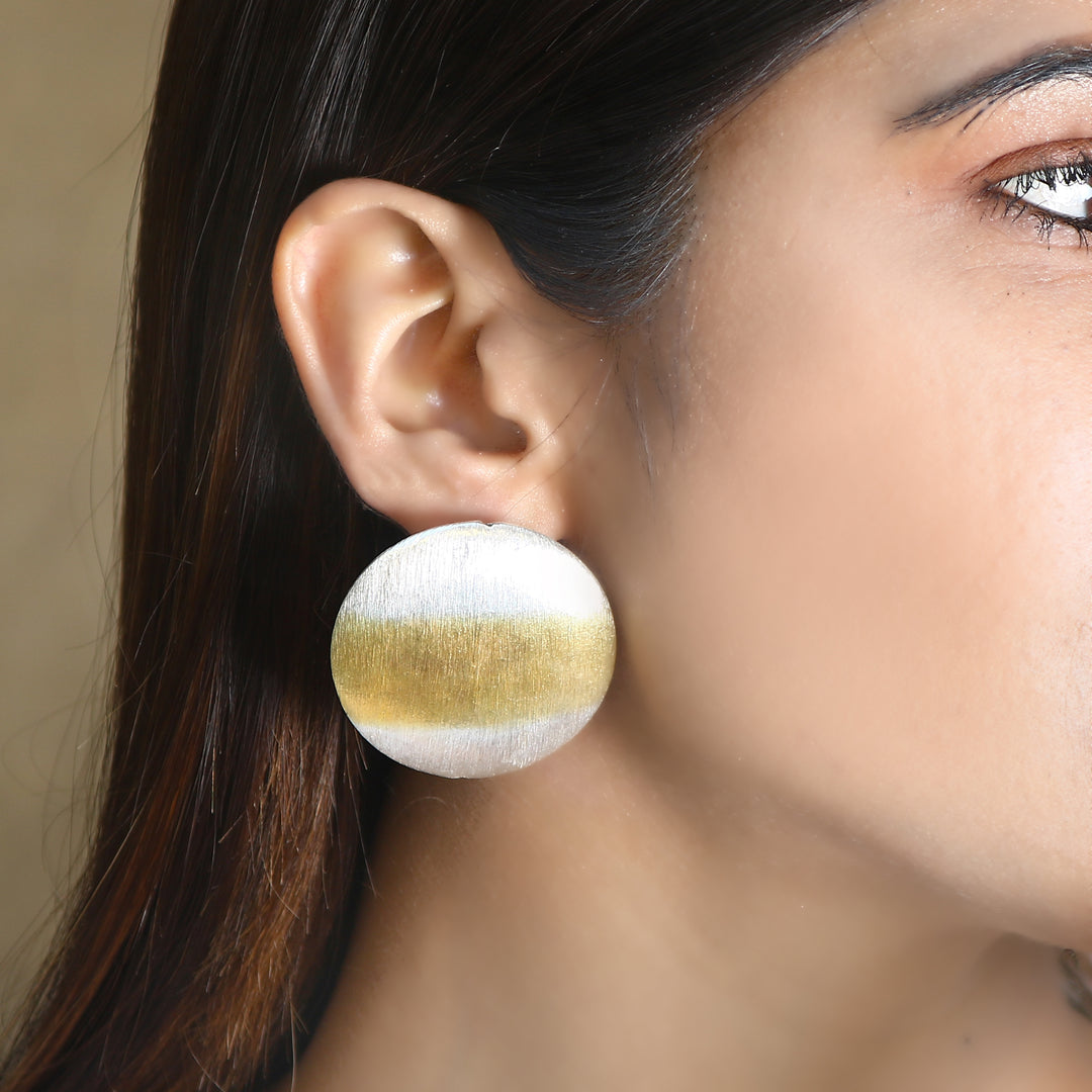 Silver Dual Tone Round Stud Earrings