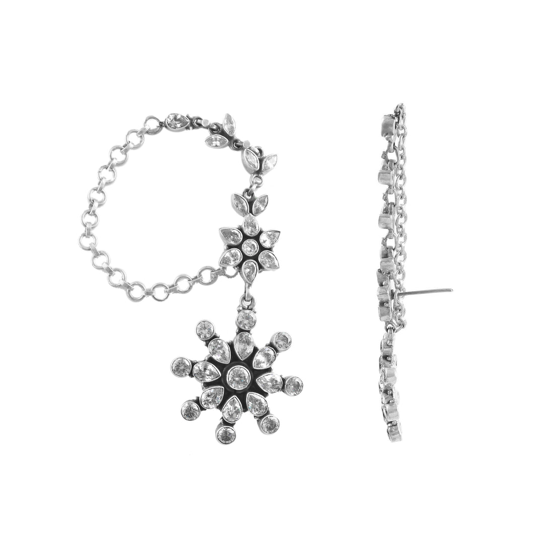 Silver Floral Ear Chain Stud Earrings