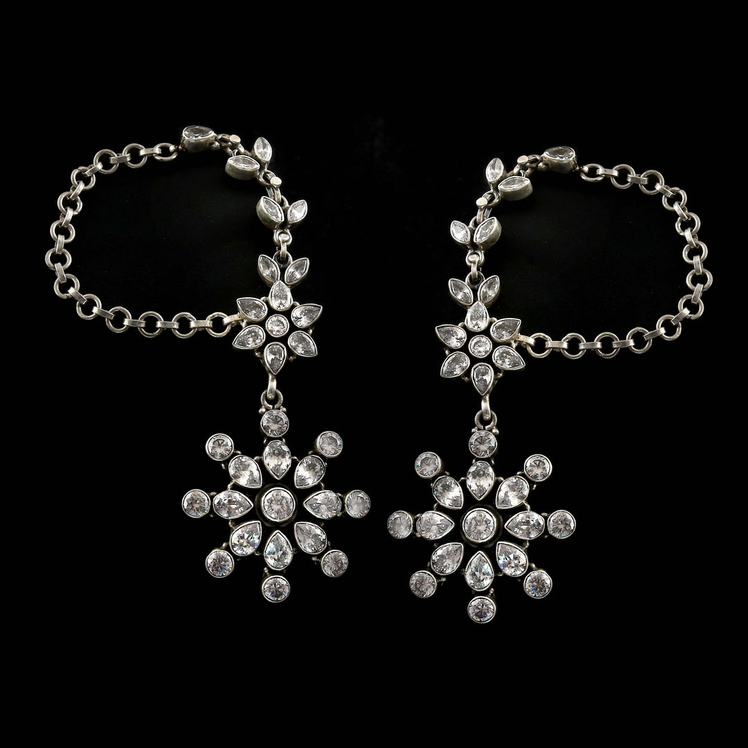 Silver Floral Ear Chain Stud Earrings