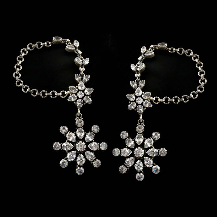 Silver Floral Ear Chain Stud Earrings