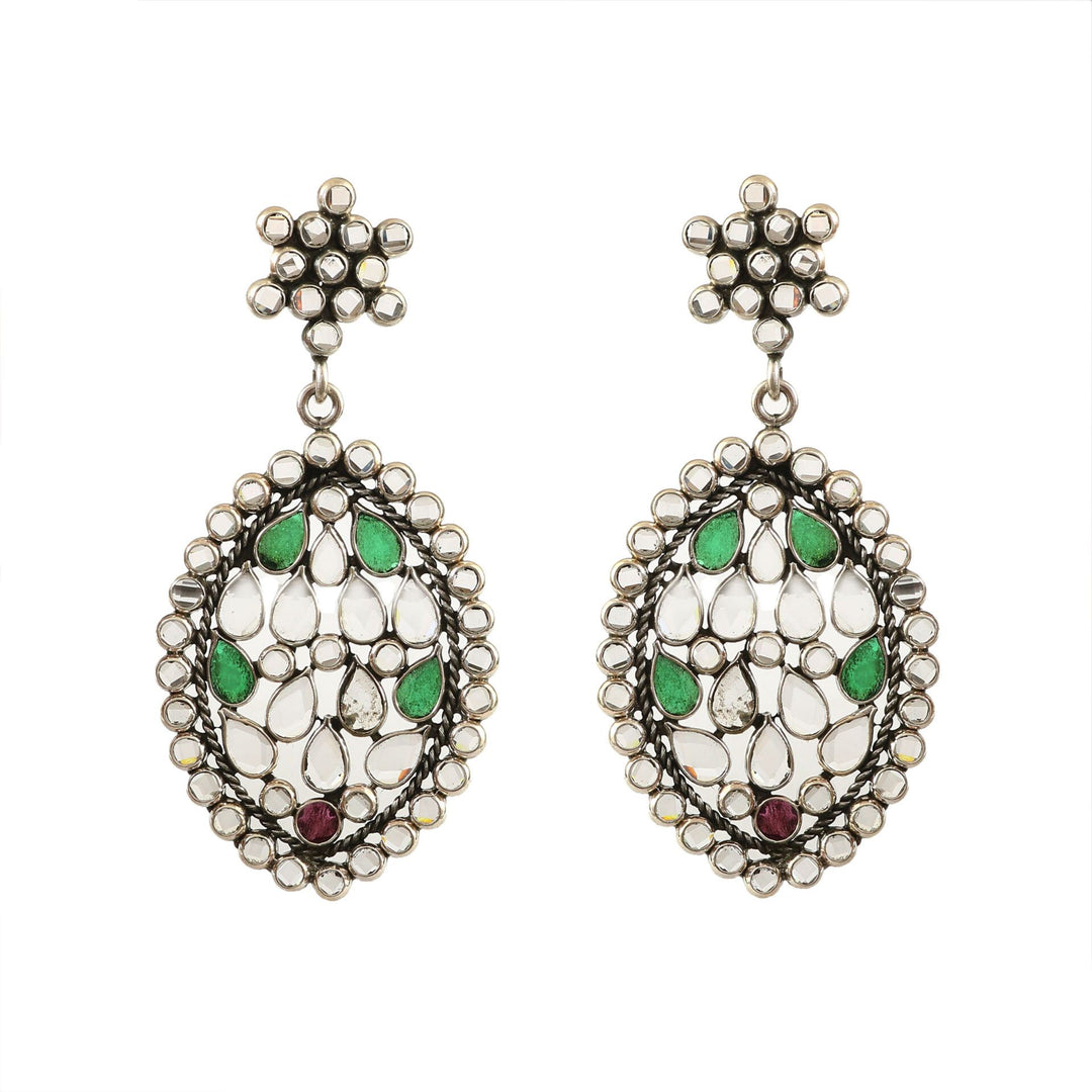 Silver Green & White Checker Teardrop Stud Earrings