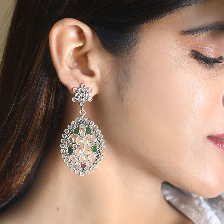 Silver Green & White Checker Teardrop Stud Earrings