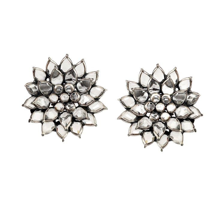 Silver Floral Checker Stone Ear Studs