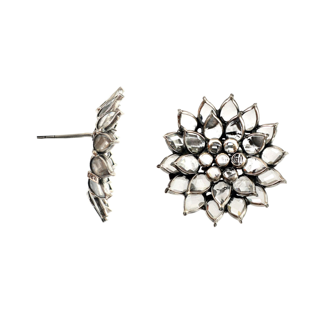 Silver Floral Checker Stone Ear Studs