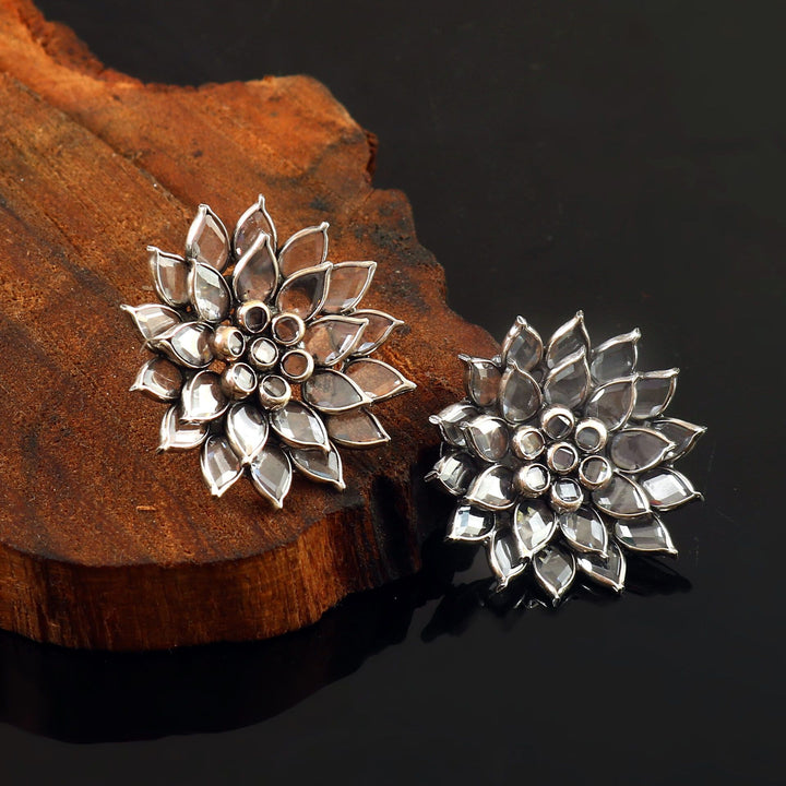 Silver Floral Checker Stone Ear Studs