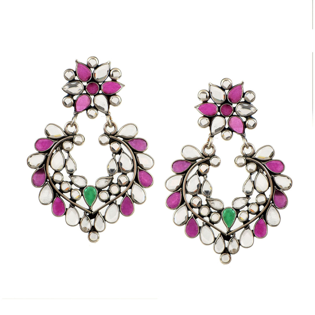 Silver Floral Pink & White Stud Earrings