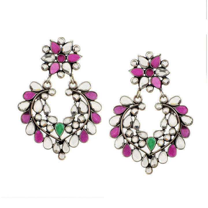 Silver Floral Pink & White Stud Earrings